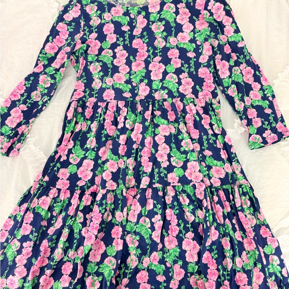 Lilly Pulitzer Pink Floral Dress with Blue Background